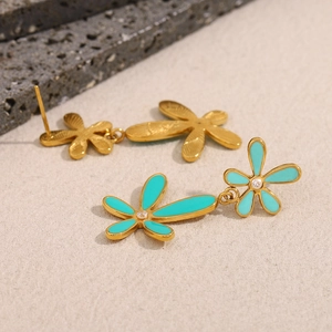 Minimalist 18K gold plated daisy drop earrings with blue enamel and zircon inlay