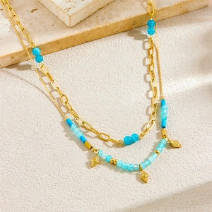 Double-layer gold plated stainless steel necklace with blue beads and rhombus pendants