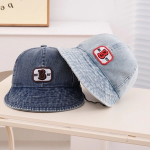 Adjustable denim sun hat for kids featuring embroidered letter B and wide brim design
