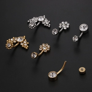 Titanium steel belly button rings with rhinestones in gold and silver variety pack