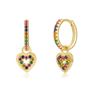 Rainbow gemstone heart drop earrings in gold finish with colorful pavé crystals