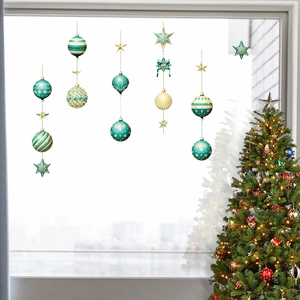 Festive Christmas ball and star window stickers in teal and gold for holiday home decor