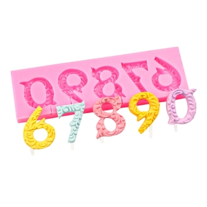 Pink silicone 0-9 number molds with textured lollipop sticks for cake decoration