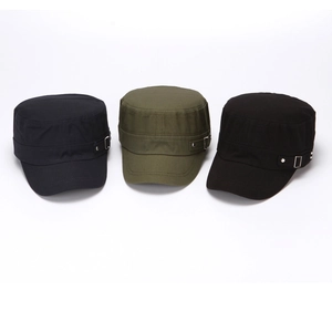 Flat top military caps in navy, green and black colors with metal adjustment buckles