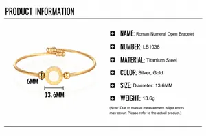 Detail of gold Roman numeral bangle featuring braided steel cable and 13.6mm round charm