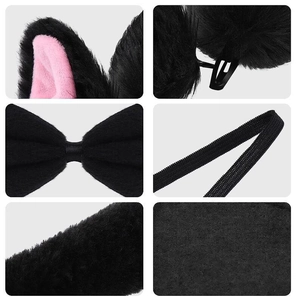 Detail of plush cat ear headband and bowtie set with soft pink lining and metal clips
