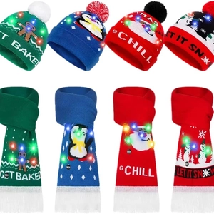 Christmas knit hat and scarf set with LED lights and festive holiday cartoon patterns