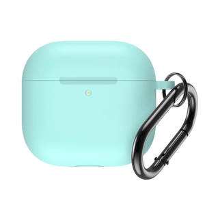 Mint green silicone case for AirPods 4 with metal carabiner on a clean white background