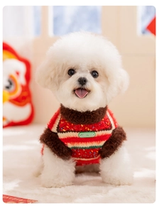 Close-up of colorful striped dog sweater showing soft knit texture and Luckydog label