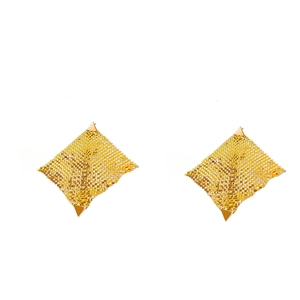 Golden mesh woven diamond earrings with solid triangle pendants on white background