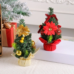 Mini Christmas tree ornaments with gold and red festive decorations for tabletop display