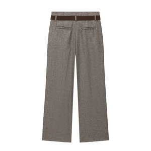 Women's brown herringbone wide-leg trousers with dark brown leather belt