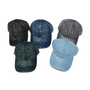 Five assorted vintage washed denim baseball caps with PARIS embroidery in various colors