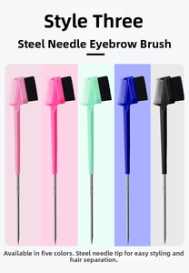 Detailed view of dual-sided eyebrow brushes with steel needles in five vibrant colors