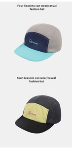 Detail of five-panel caps showing breathable mesh texture and embroidered brand logo
