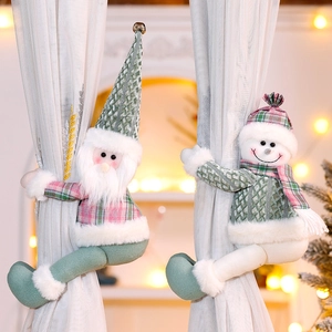 Christmas curtain buckles featuring cartoon Santa and Snowman in green and pink knit fabric