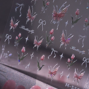 Self-adhesive laser tulip and butterfly nail art stickers with gold stamping M-55C