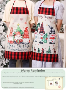 Close-up of Christmas gnomes linen aprons with red and black buffalo plaid trim