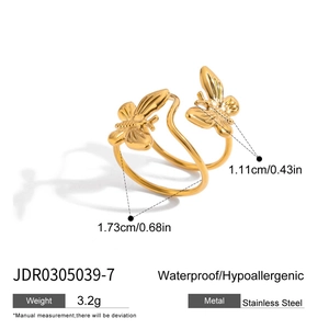 Detail view of golden butterfly open ring with dimensions and waterproof material info
