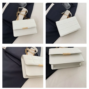 Multiple views of a white quilted crossbody bag with gold chain strap and metal clasp