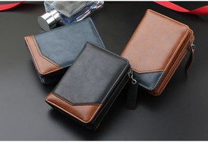 Three men's vintage leather wallets with zippers shown against a black background