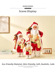 Three sequined Santa Claus figurines in various sizes displayed in a cozy home setting