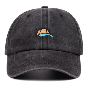 Vintage washed cotton baseball cap with orange and blue hat embroidery in dark grey