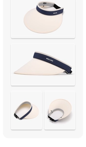 Detail view of the wide ivory brim and navy adjustable strap on the sun visor hat