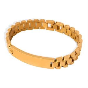 Golden titanium steel watch band bracelet with customizable rectangular center plaque