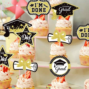 18pcs Black and Gold Graduation Cake Toppers featuring Mortarboard and Glitter Stars