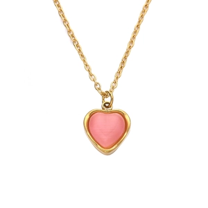 Elegant gold titanium steel necklace with a pink heart pendant on a clean white background