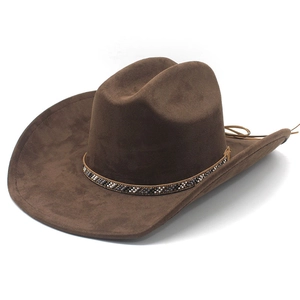 Classic dark brown suede cowboy hat with colorful beaded band on a white background