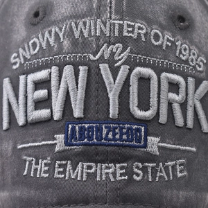Vintage gray washed denim baseball cap featuring NEW YORK embroidery and premium stitching