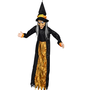 Hanging Halloween witch prop with black robe and orange cobweb pattern on white background