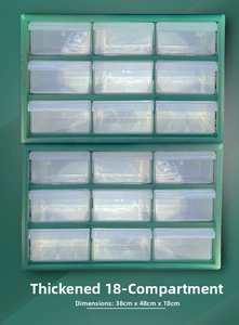 Front view of 18-grid modular storage unit with green frame and clear drawers