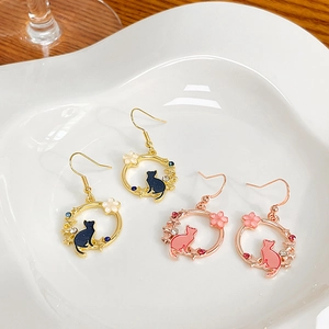 Cartoon Cat Wreath Drop Earrings Alloy Enamel Flower Star Rhinestone Sweet Style Jewelry For Women Girls