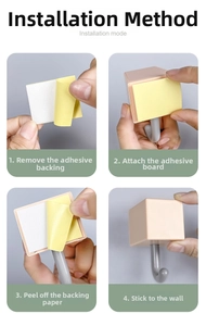 Four-step installation guide for pink self-adhesive wall hooks without drilling