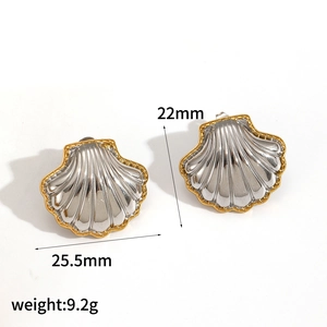 Detail view of shell earrings in two-tone steel with 25.5mm width and 22mm height measurements