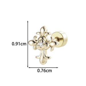 Vintage gold rose cross stud earring with clear gemstone inlay and screw back closure