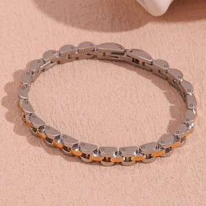 Detail of two-tone stainless steel chain bracelet with gold and silver links