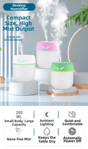 Close-up of 260ml mini USB humidifiers in pink, green, and white on geometric stands