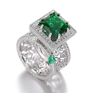 Luxury geometric ring with square green zircon, hollow band and droplet pendant