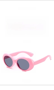 Detaillierte Vorder- und Seitenansicht der rosa ovalen Retro-Sonnenbrille für Kinder