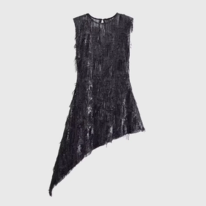 Robe À Paillettes Et Franges Sans Manches Pour Femmes Ourlet Asymétrique Col Rond Tenue De Soirée Sexy Mesh