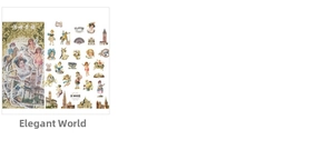 Macro view of vintage European style stickers featuring Victorian figures and architecture