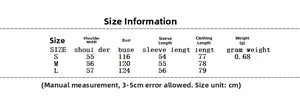 Detailed size chart for women's wool coat showing S, M, L measurements in centimeters