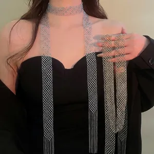 Long Copper Mesh Necklace Blue Crystal Beads Hollow Grid Wrap Tassel Sweater Chain For Women Luxury Elegant Jewelry