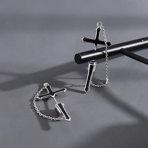 Mens hip hop cross dangle earrings with long metal chain in silver and black finish