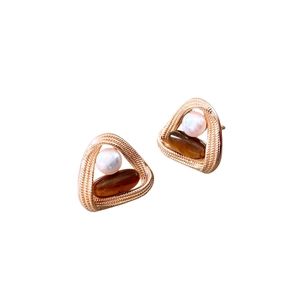 Vintage gold triangle drop earrings with tiger eye stone and white pearl inlay