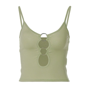 Slim fit light green crop top camisole with decorative front hollow rings on white background